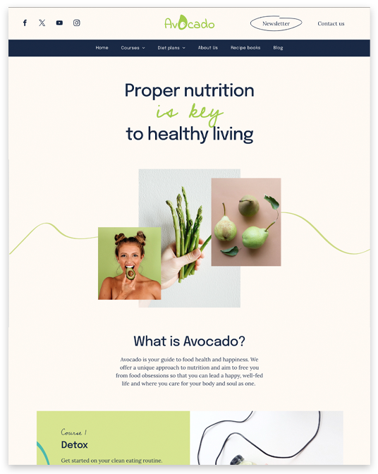 Homepage of Avocado website with nutrition focus. Woman eating a vegetable, asparagus, and pears.