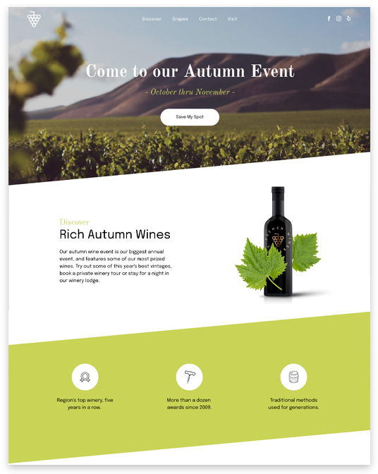 Autumn wine event website: Vineyard background, wine bottle, green and white layout.
