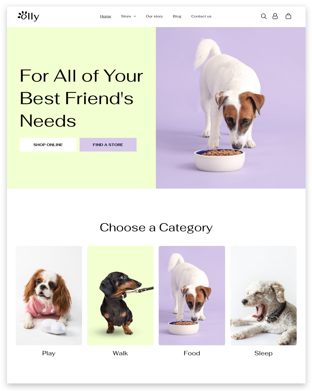 Homepage with a dog in a bowl, plus category buttons: toys, food, and more.