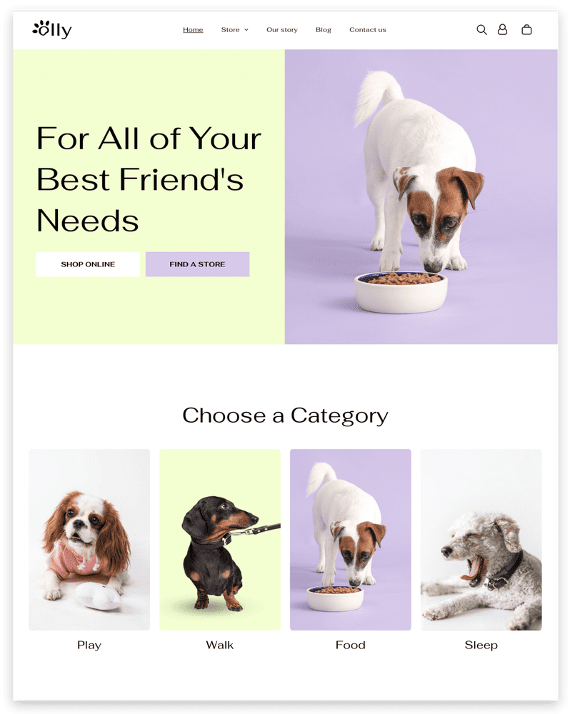 Website homepage with a dog eating from a bowl, categories for pet supplies.
