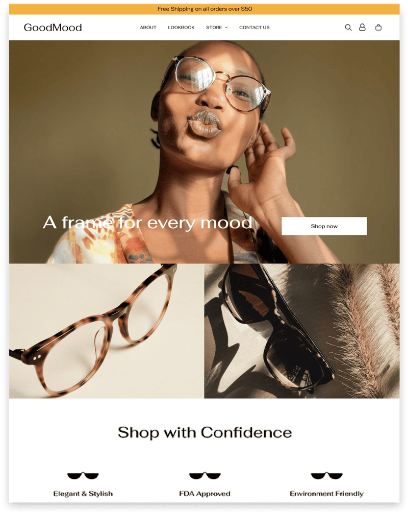 GoodMood website homepage: Woman wearing glasses puckers lips. Displays eyeglasses and encourages confident shopping.