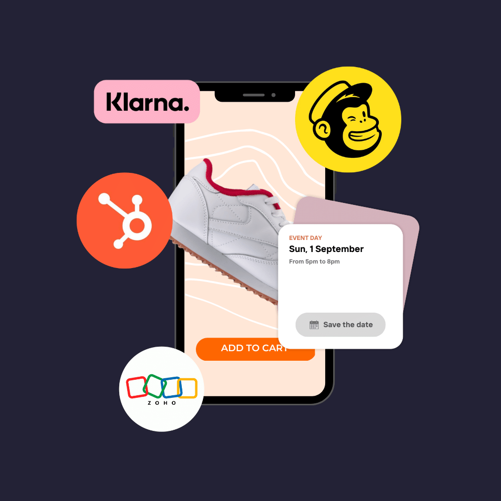 Smartphone showcasing a sneaker, surrounded by marketing and payment app logos. Event card invites users to save the date.