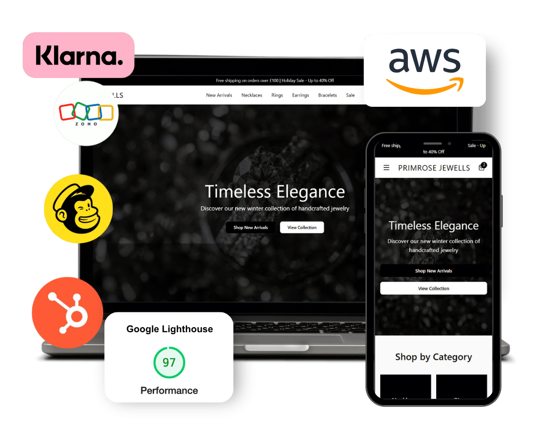Website homepage displayed on a laptop and smartphone, featuring the text 