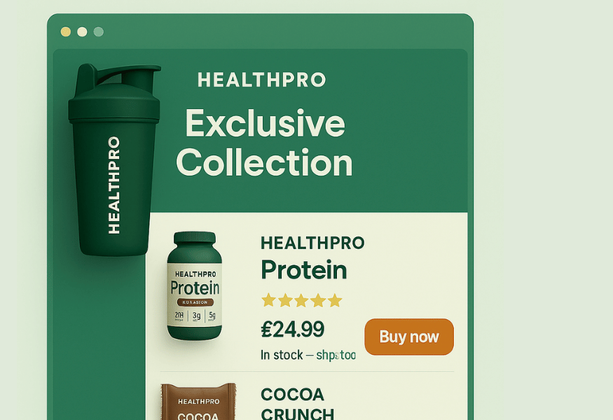Advertisement for Healthpro protein products: shaker, protein container, and a “Buy now” button. Green and brown colors.