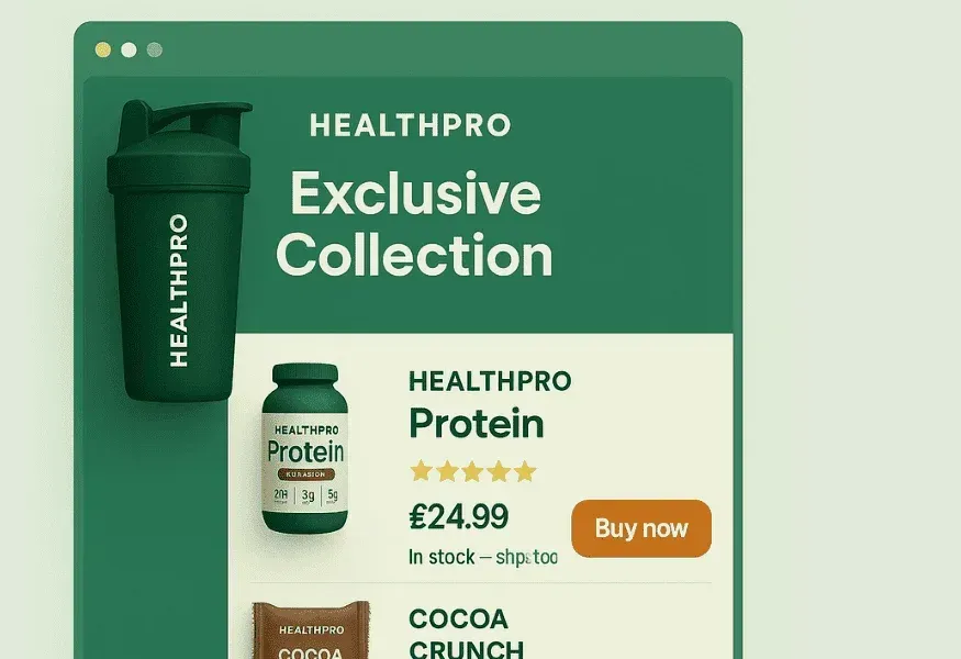 Promotional graphic for HEALTHPRO products. Features a green shaker, protein powder, and