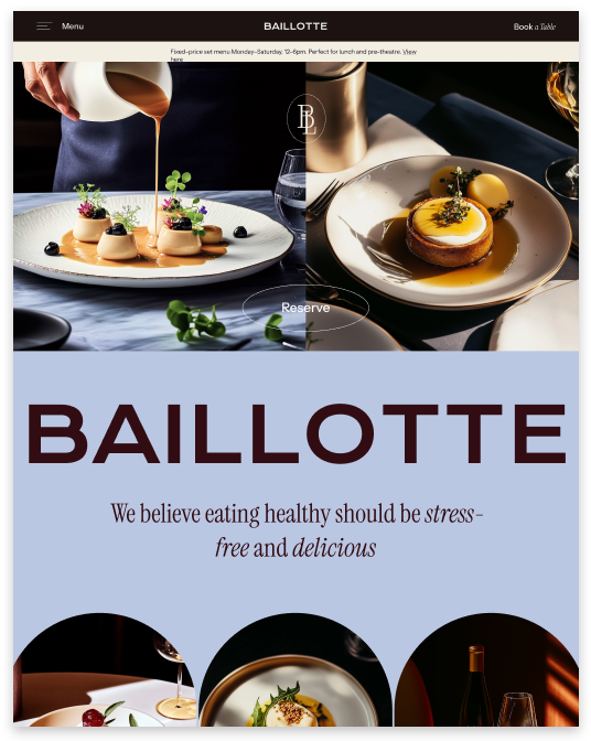 Restaurant homepage: Plates of food, pouring sauce, with 