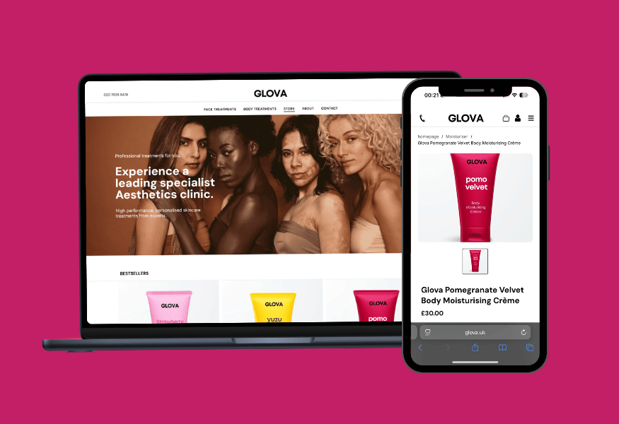 Laptop and phone displaying the GLOWA website with product and model photos against a pink background.