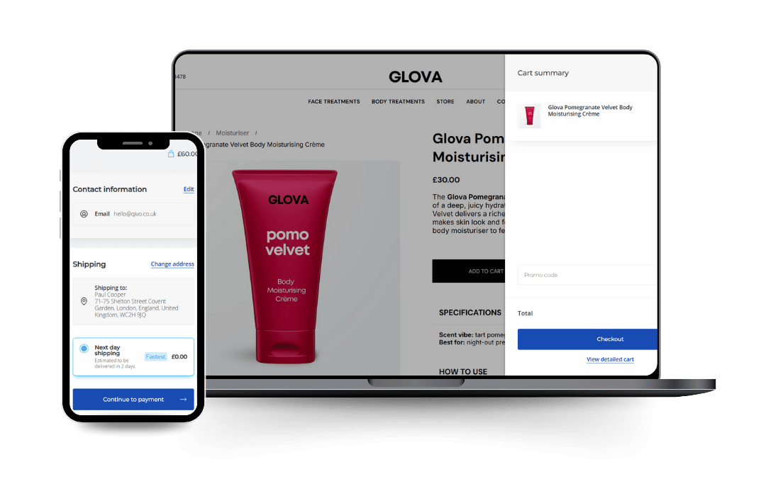 Smartphone and laptop showcasing a skincare product, with a purchase summary on the laptop screen.