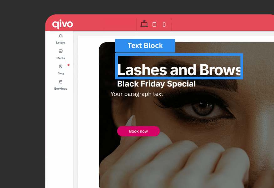 Website builder interface with a text block promoting 