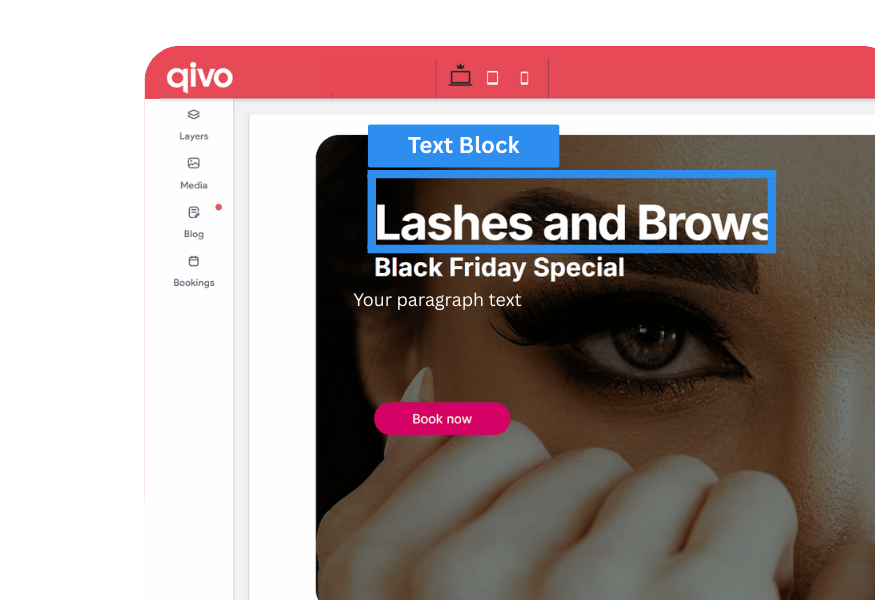 A woman's eye with the text "Lashes and Brows, Black Friday Special" and "Book Now" over it on a website.