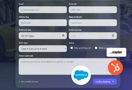 Online form for vehicle booking, with fields for details and integration options with Zapier, HubSpot, and Salesforce.