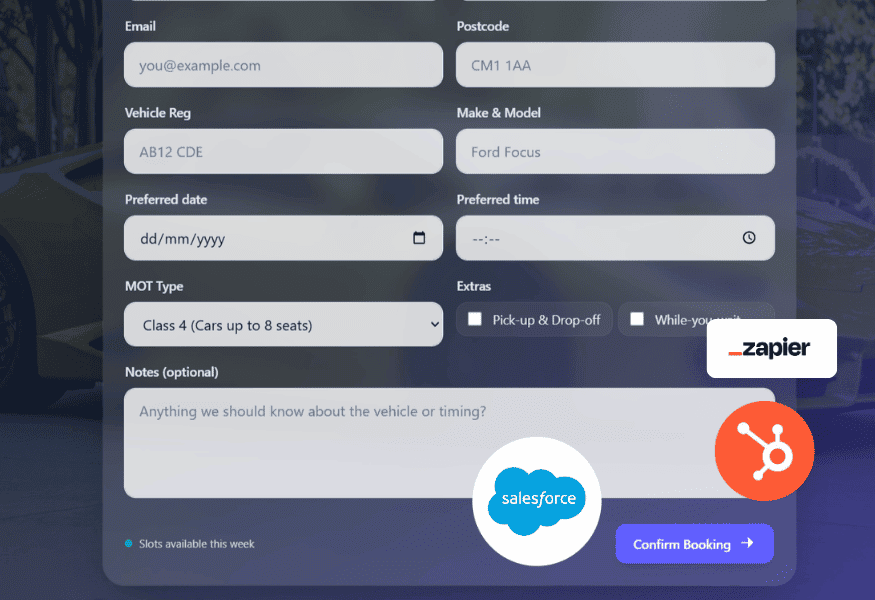 Online form to book a car service, with fields like email, vehicle details, date/time, and a "Confirm Booking" button.