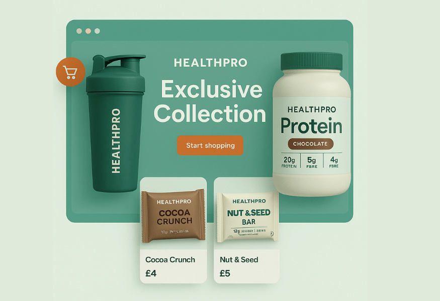 Advertisement for Healthpro protein products: shaker, protein container, and a “Buy now” button. Green and brown colors.