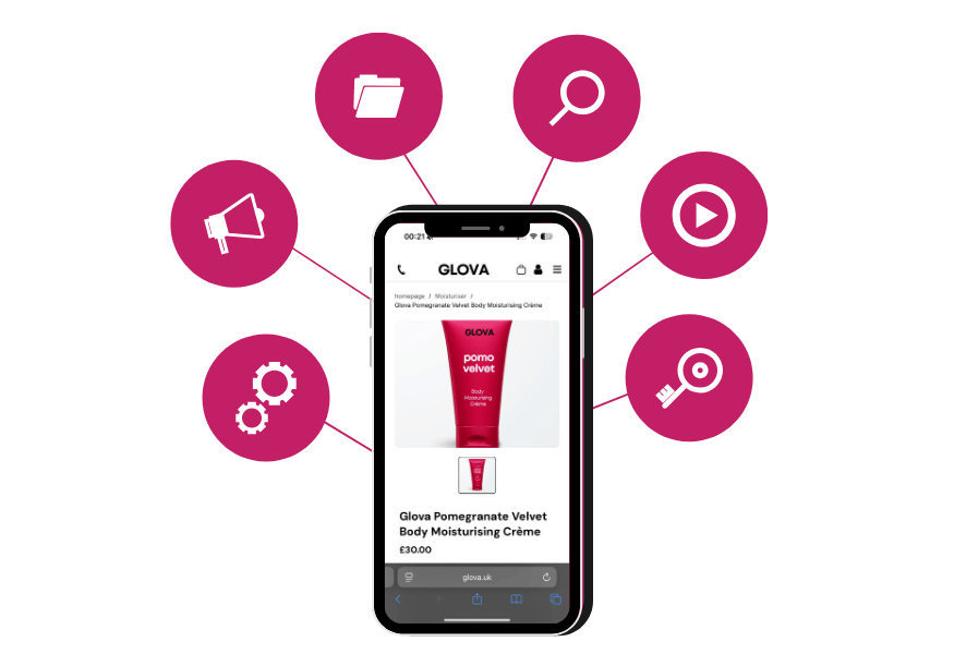 Smartphone displaying a product, surrounded by icons 