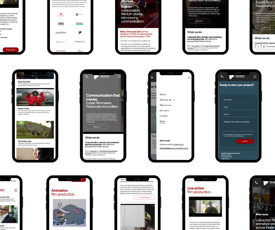 Collection of mobile phone screens displaying articles with text, images, and logos in different layouts.