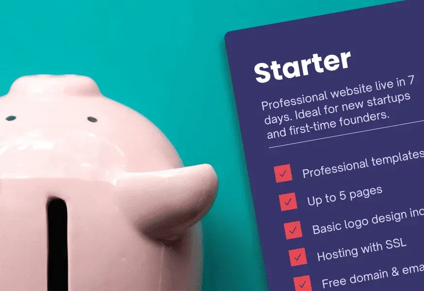 Pink piggy bank with a purple card detailing a