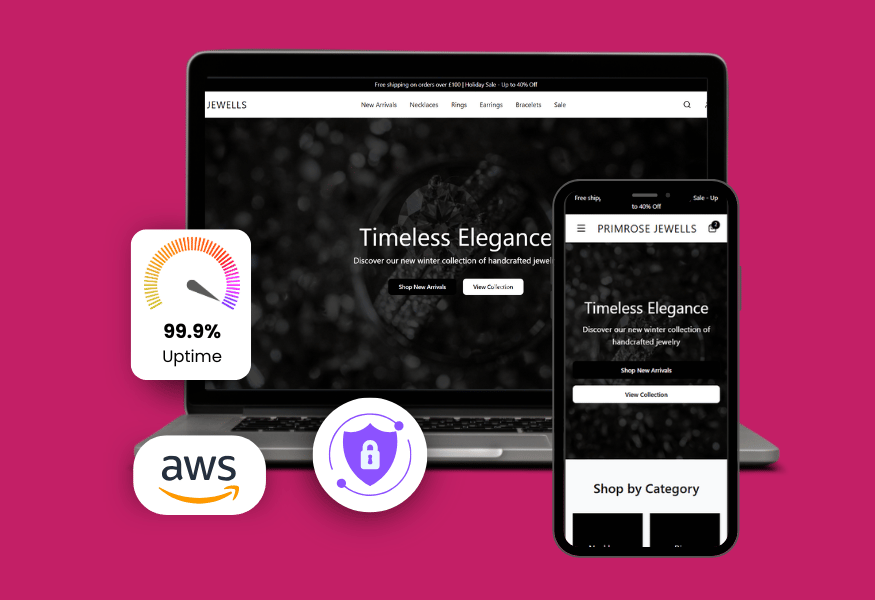 Website design displayed on laptop and phone; showing uptime, AWS logo, and security icon, with pink background.