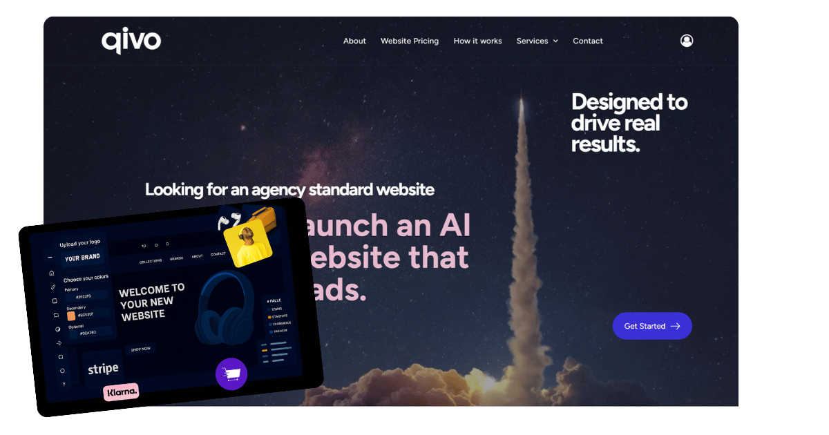 Website landing page: dark theme, rocket launch graphic, AI website creation service.
