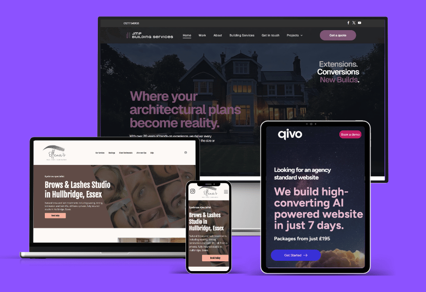 Four devices displaying websites: desktop, laptop, tablet, and smartphone on a purple background.