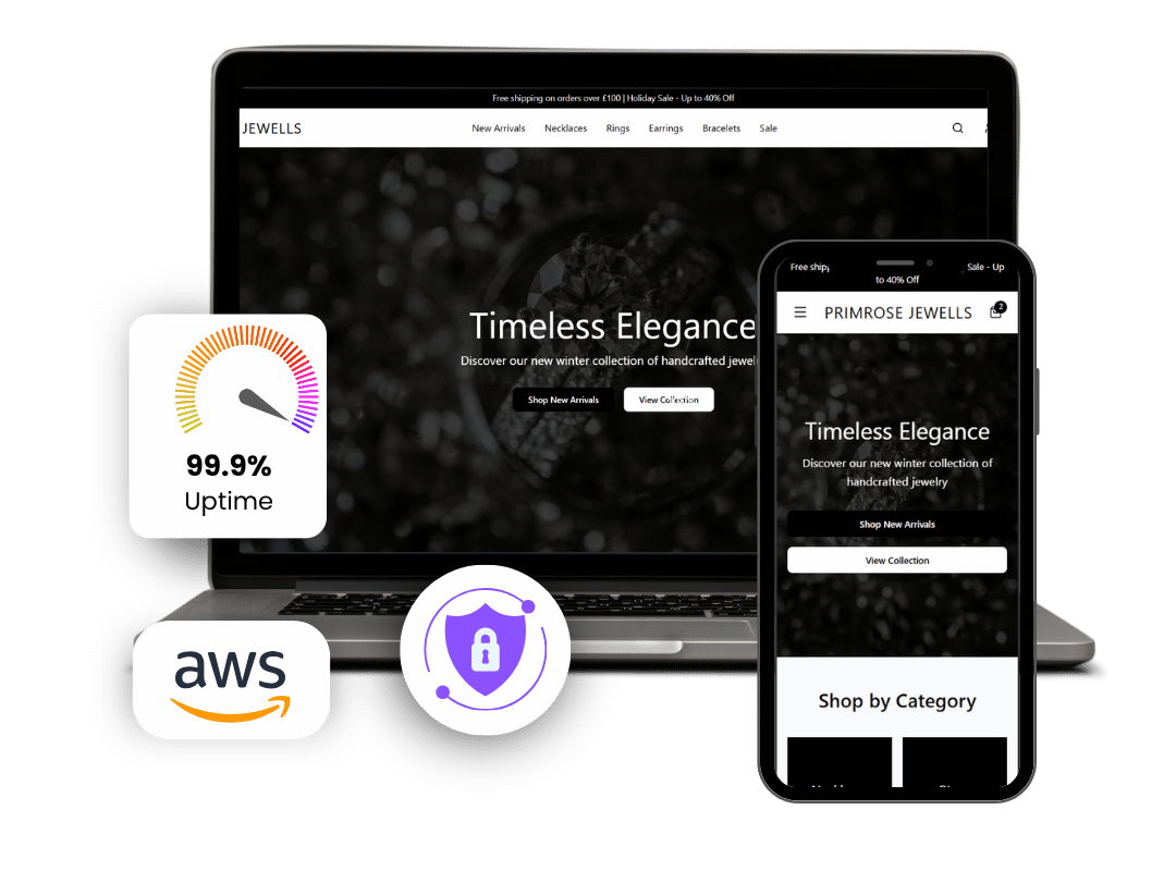 Website mockup on laptop and phone; security icons and AWS logo.