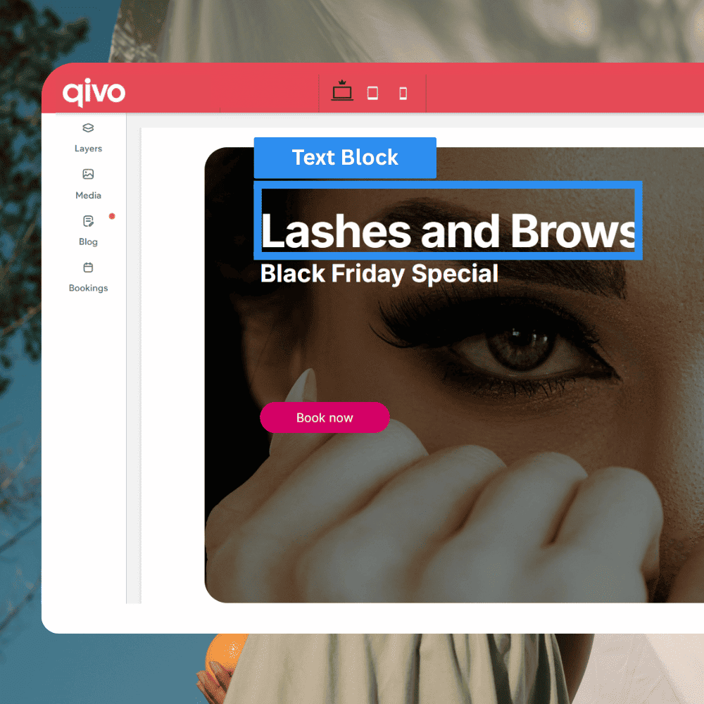 A woman's eye with the text "Lashes and Brows, Black Friday Special" and "Book Now" over it on a website.