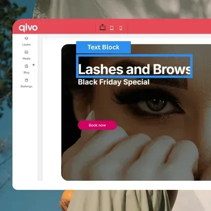 Screenshot of a website builder showing a header with "Lashes and Brows" and a "Book now" button.