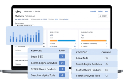 Laptop screen displaying SEO data with keyword rankings and a bar graph.