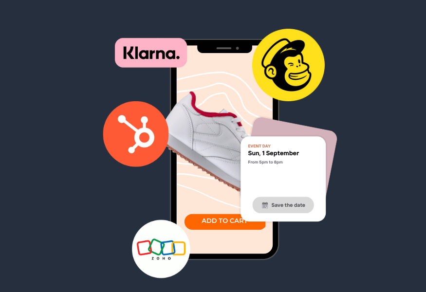 Smartphone displaying a shoe with various app logos and a reminder card.