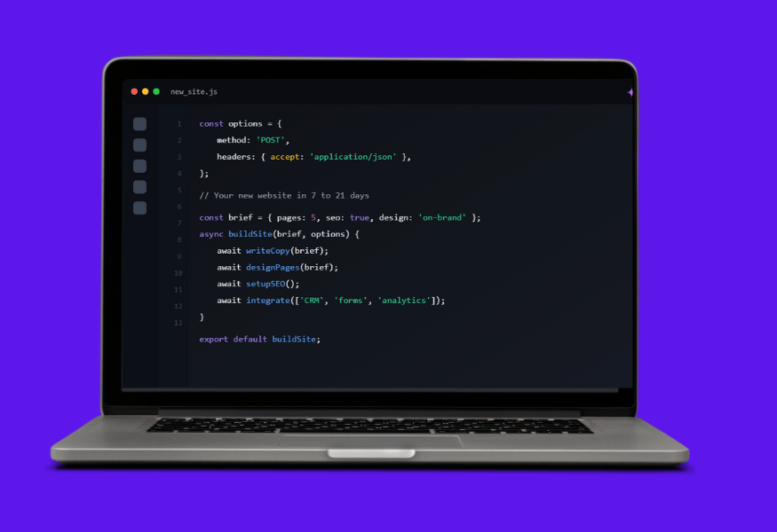 Laptop displaying code on a dark screen, set against a purple background.