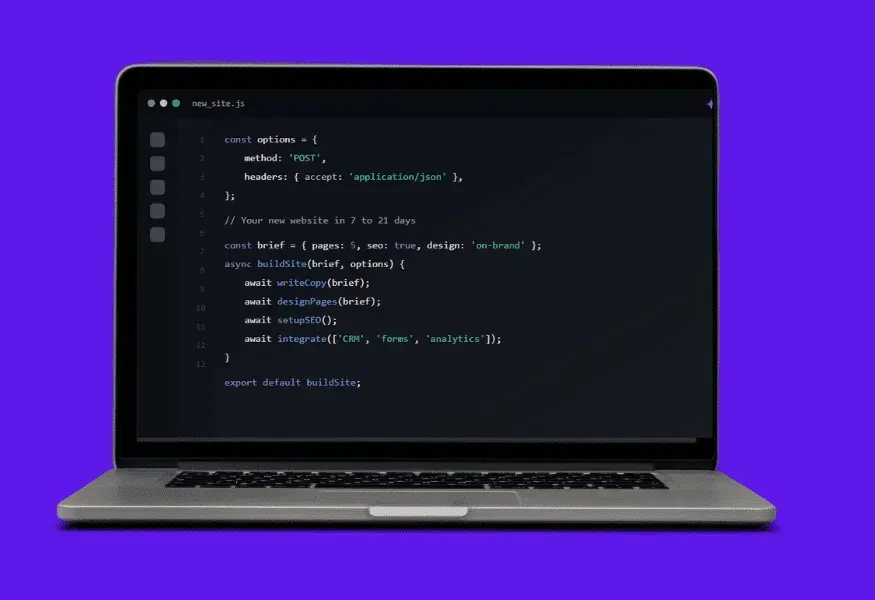 Laptop displaying code on a dark screen; against a purple background.