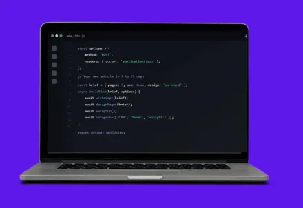 Laptop displaying code on a dark screen, set against a purple background.