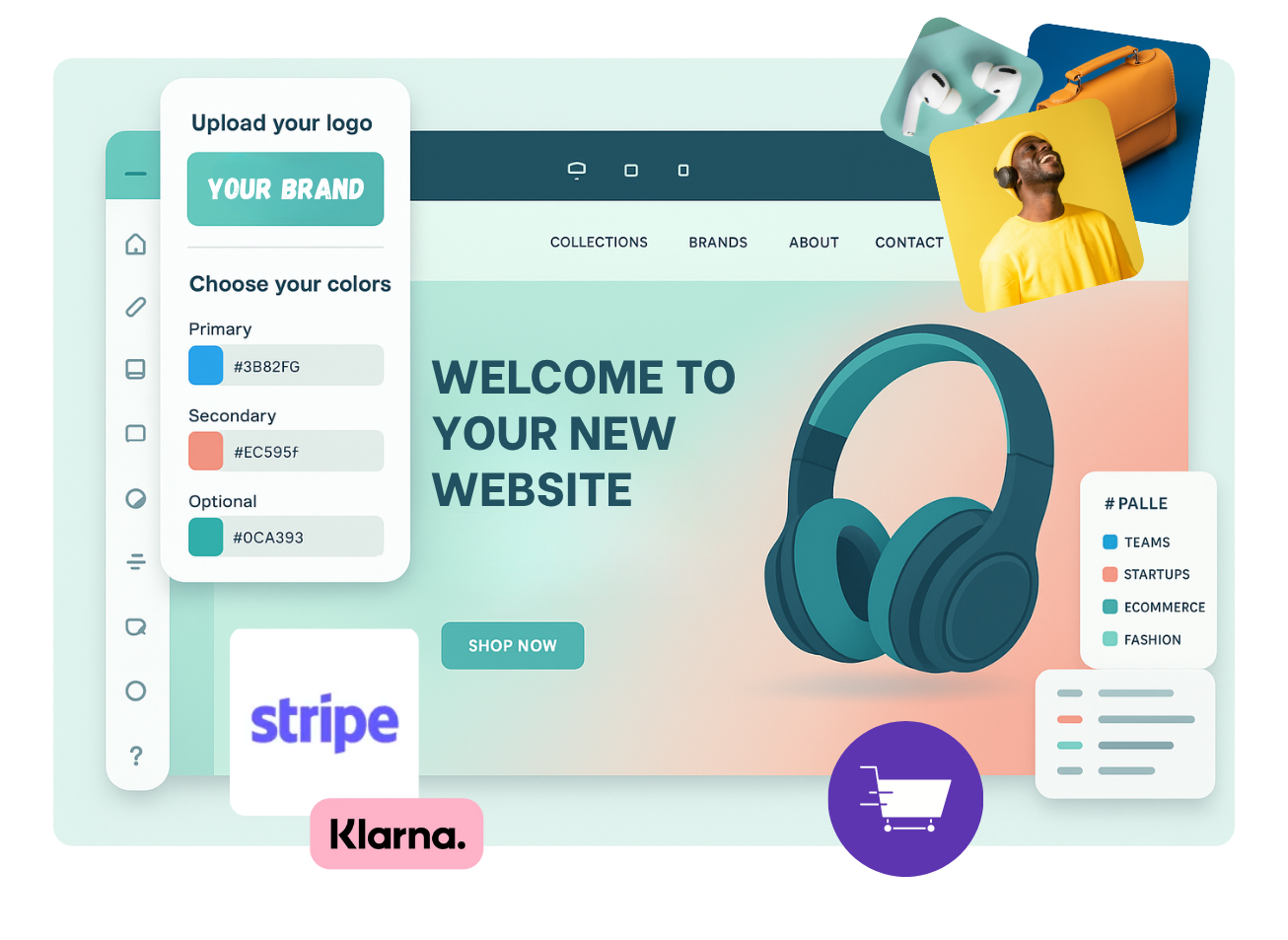 Website design interface, customizing brand with logo upload, color selection, and integrated payment options.