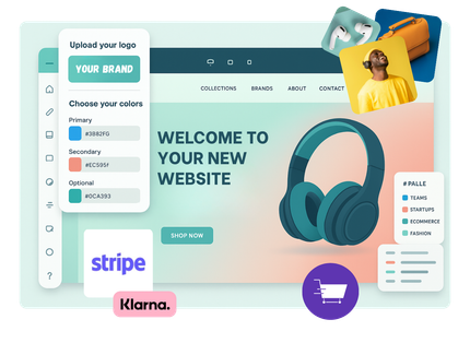 Website design interface, customizing brand with logo upload, color selection, and integrated payment options.