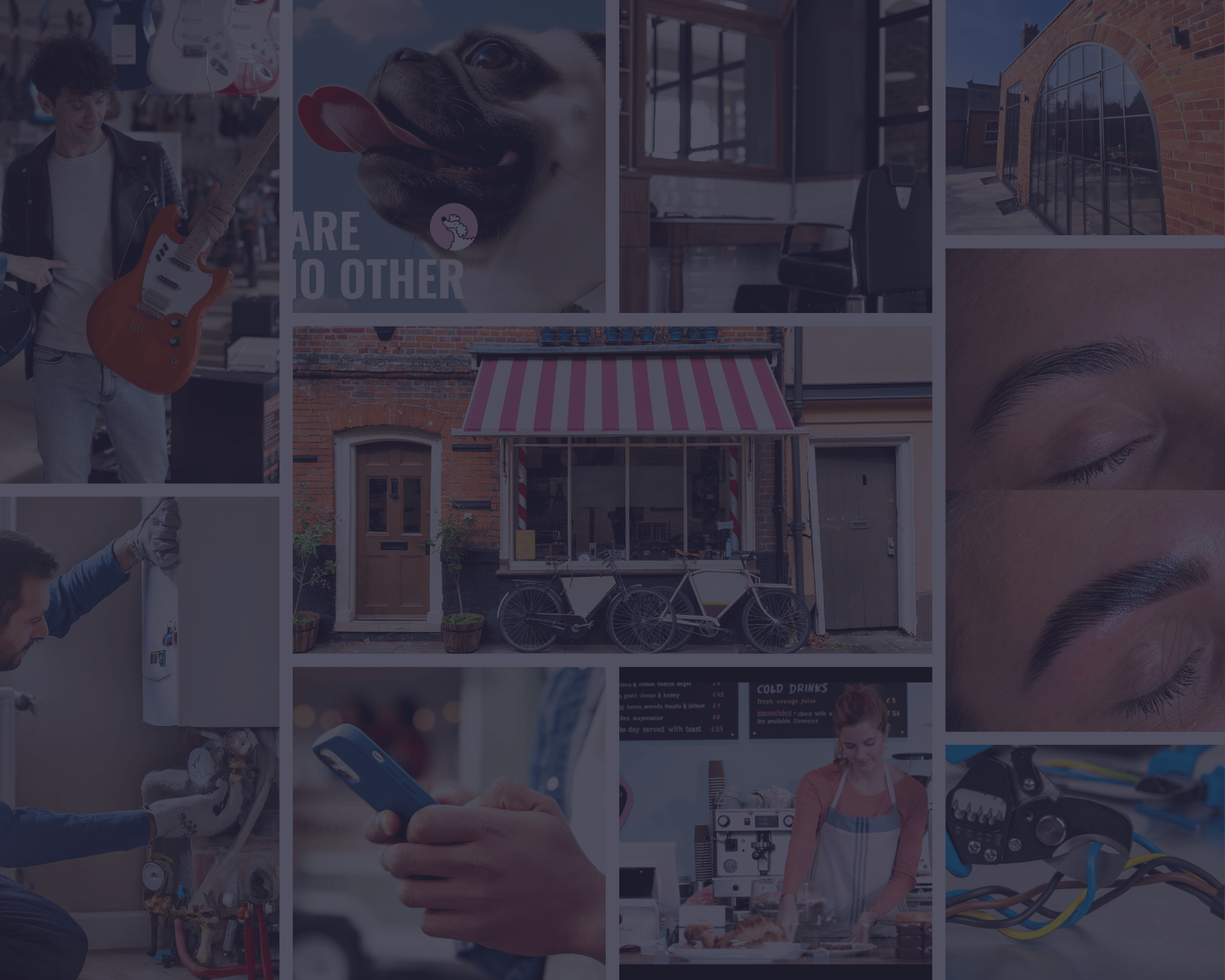 Montage of various scenes: a person with a guitar, a dog, buildings, a store, tools, and a person's eyes.