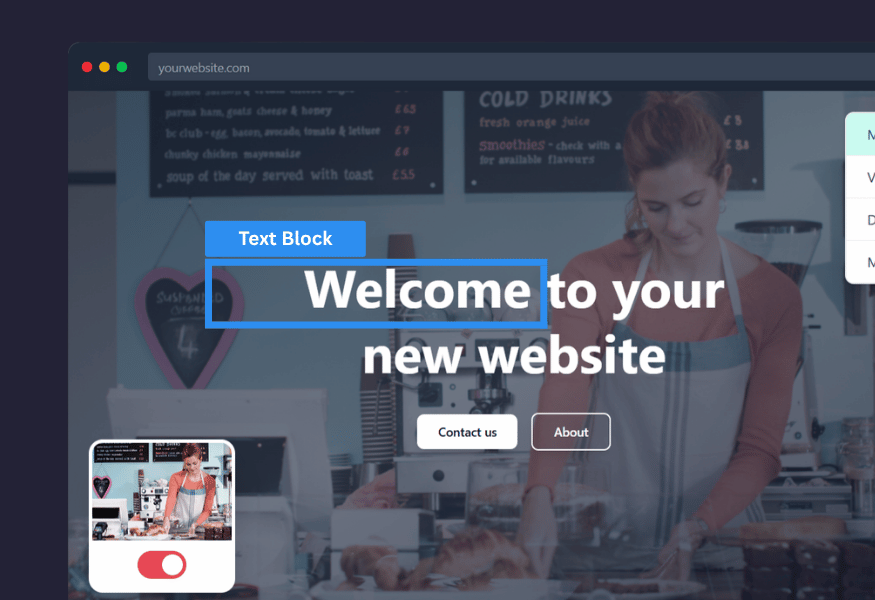Website mockup: woman at a cafe, text reads 