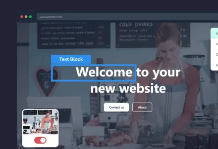 Website mockup: woman at a cafe, text reads 