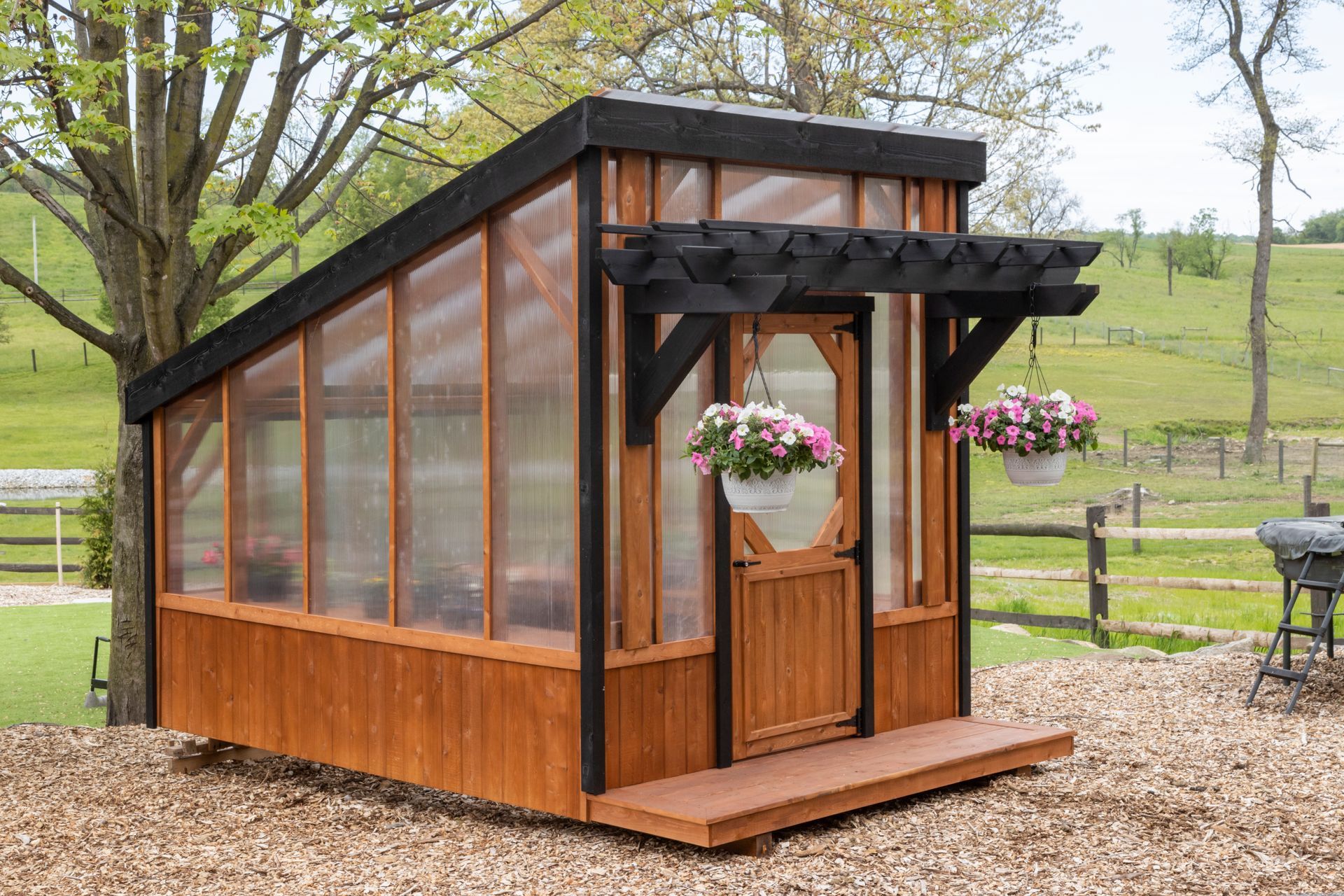 A small, wood-framed greenhouse with a sloped roof, glass panels, and a decorative pergola over the front door.