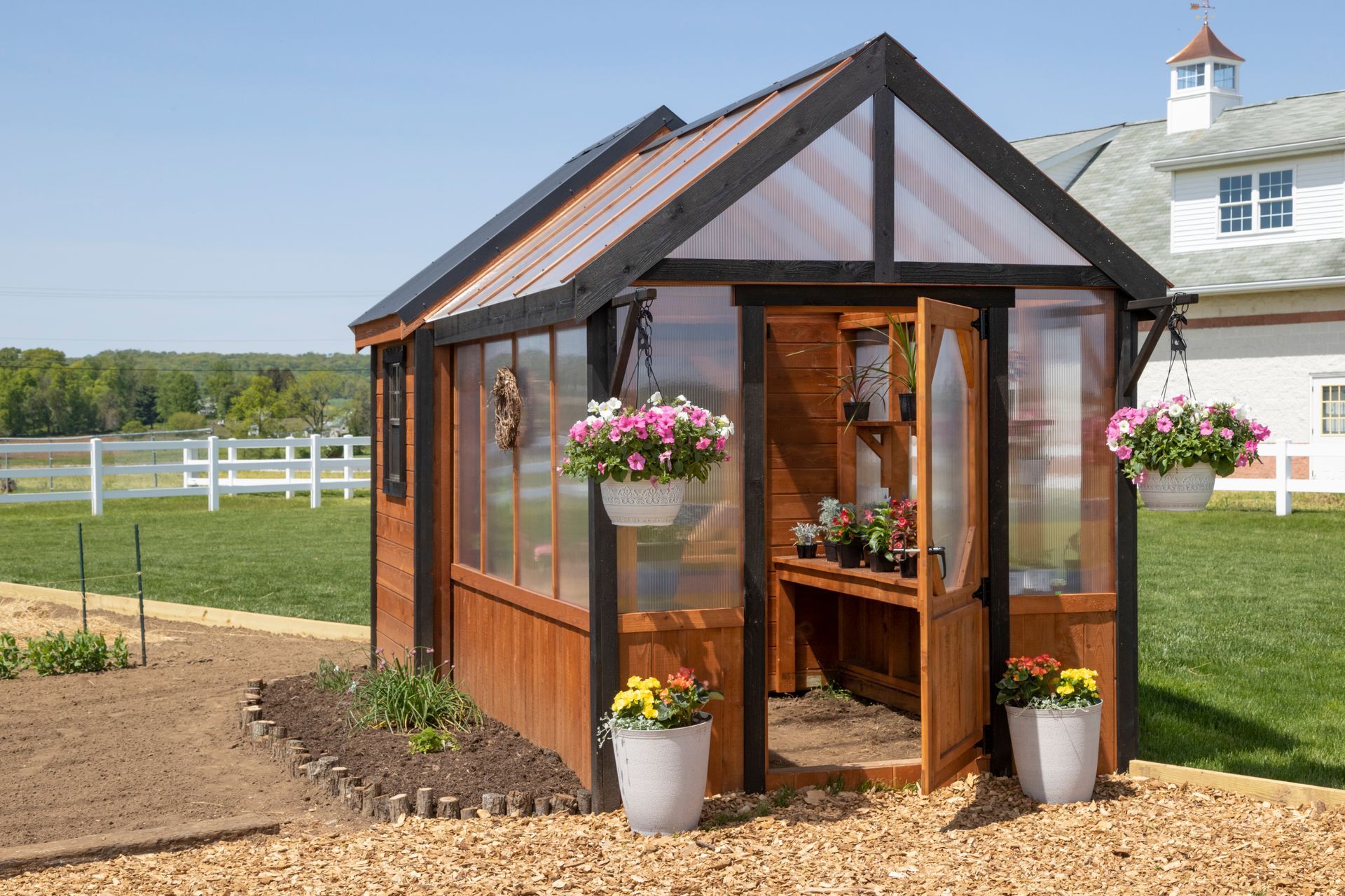 A wooden greenhouse with black trim sits in a grassy yard, surrounded by potted flowers and wood chips.