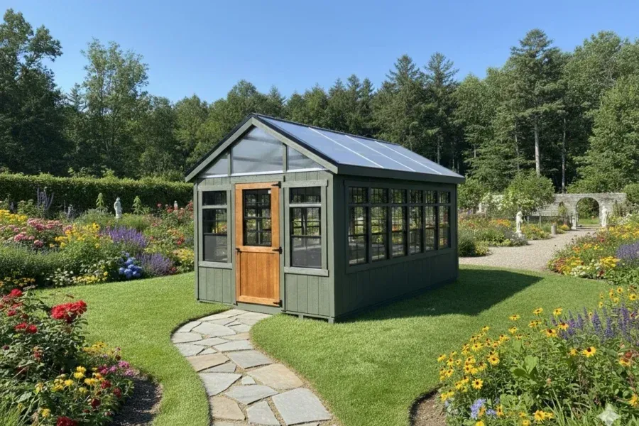 A sage green wooden greenhouse with a glass roof stands in a lush garden, accessible by a stone path.