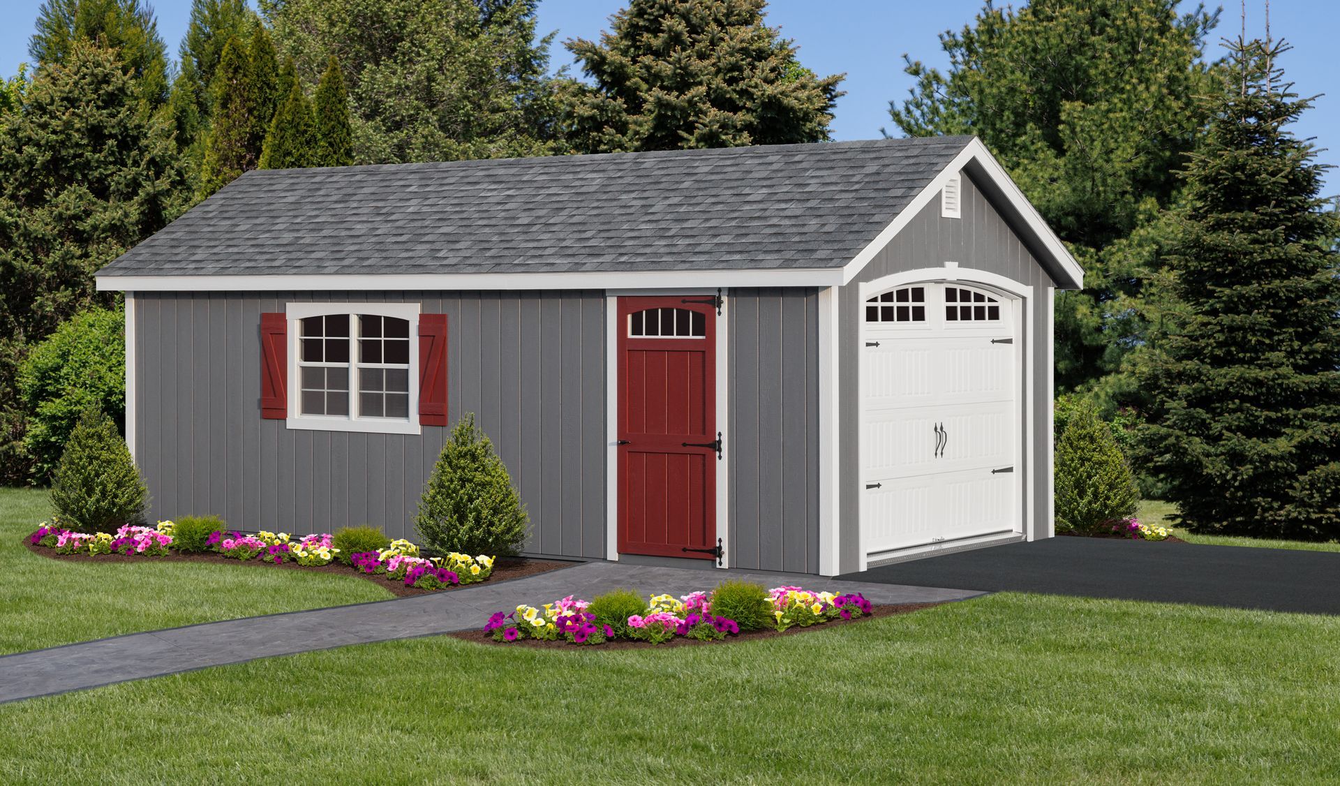 Grey shed with red door and shutters, white garage door, path, and landscaping.