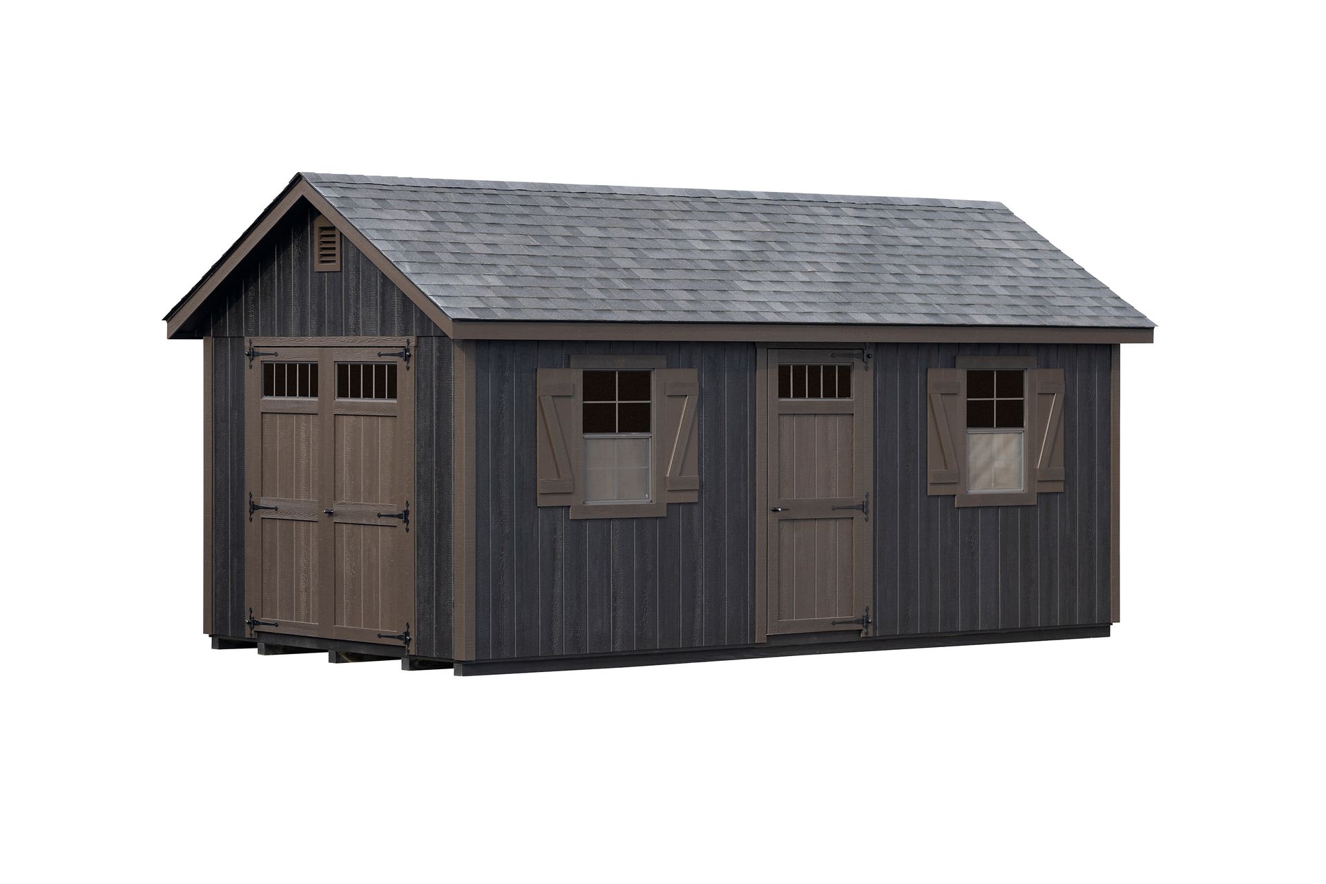 Dark gray wooden shed with brown doors and shutters, gray shingled roof.