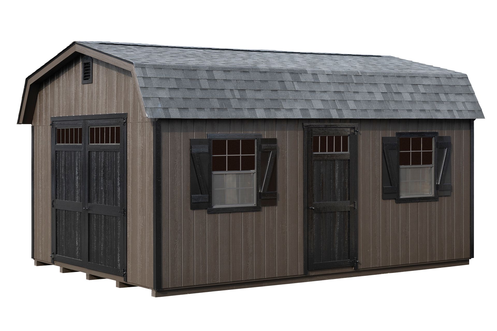 Brown and grey barn-style storage shed with two doors, two windows, and dark shutters.
