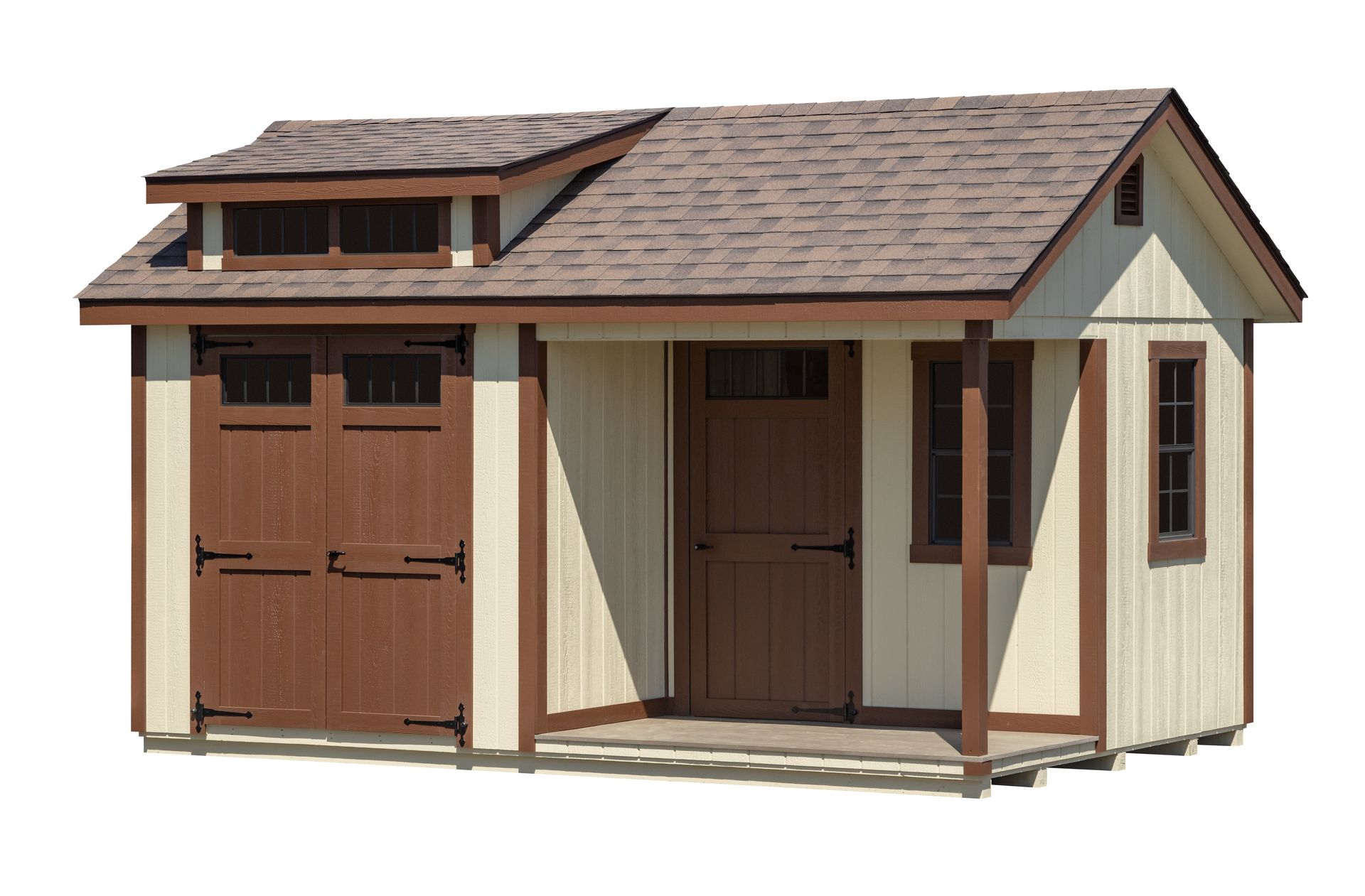 Tan and brown shed with porch and dormer.