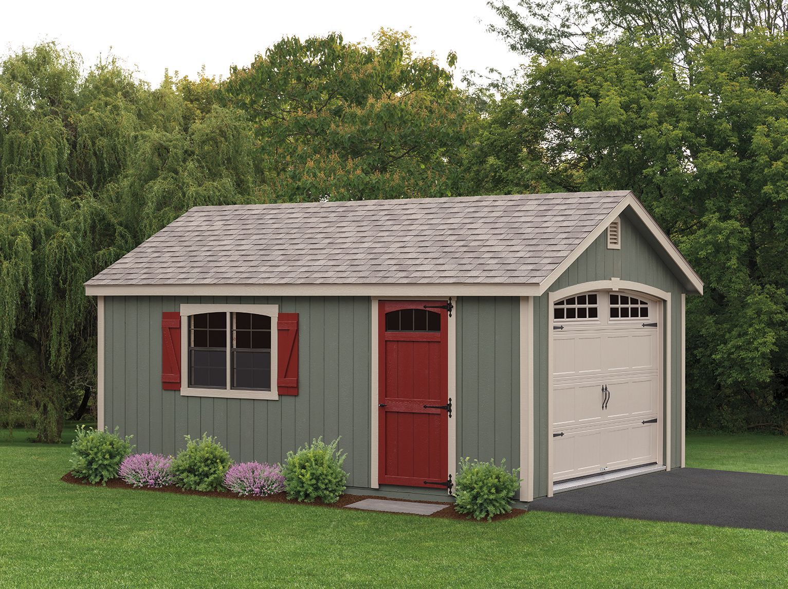 Green shed with red door, brown shutters, and beige garage door, set in a grassy yard.