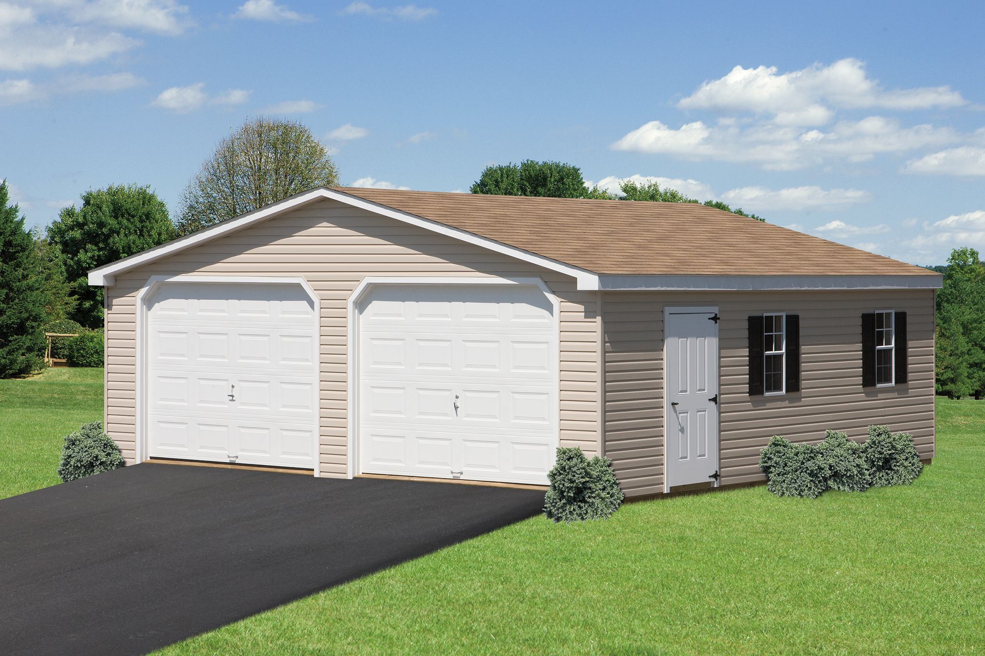 Two-car garage with tan siding, asphalt driveway, and a side door with black shutters.