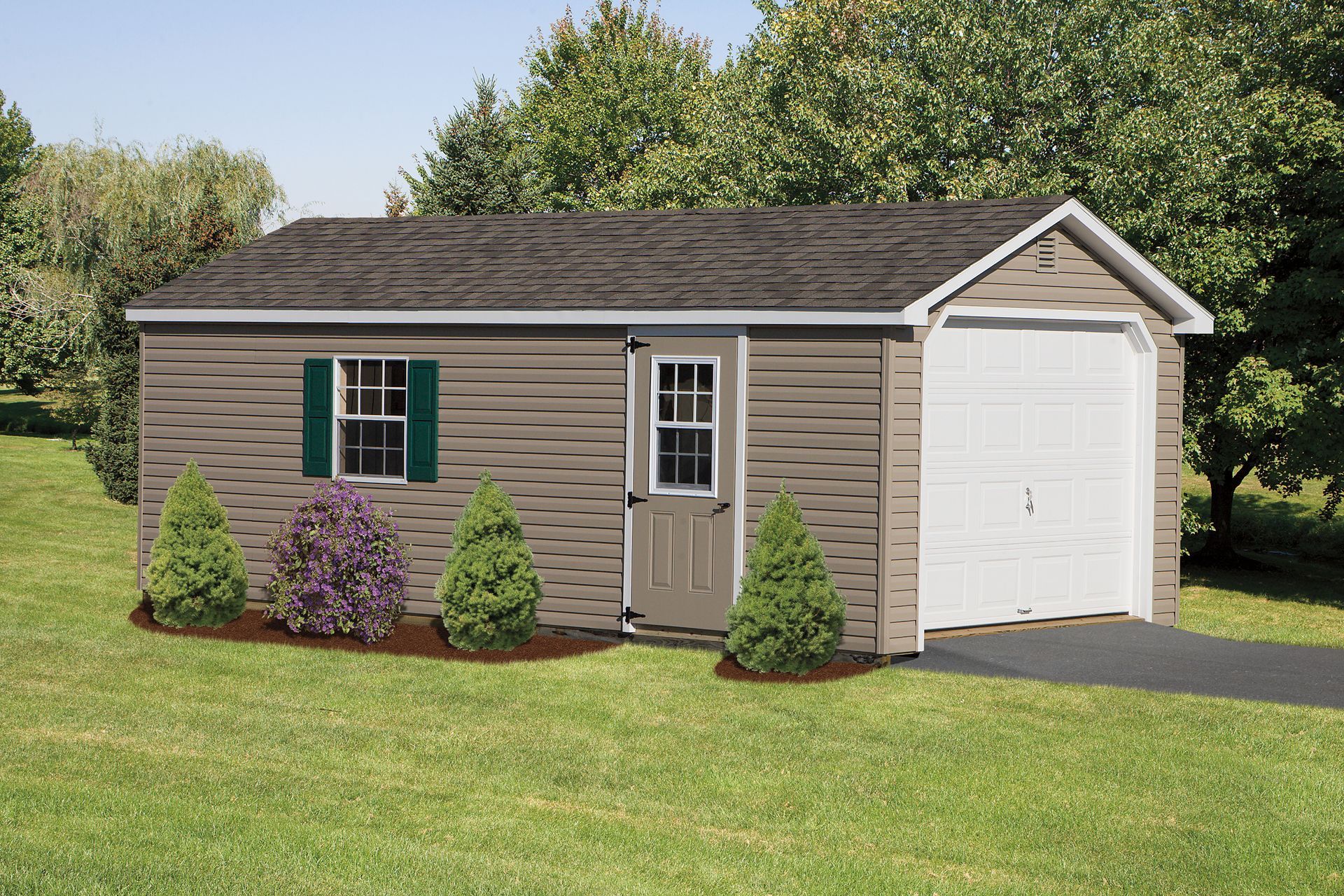 Brown shed with white garage door, window with green shutter, and small door on a lawn.