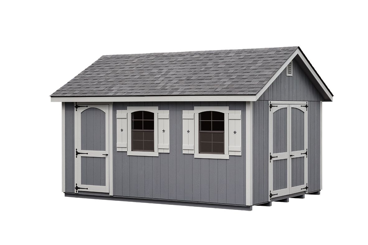 Gray wooden shed with double doors, two windows with shutters, and a gray shingle roof.