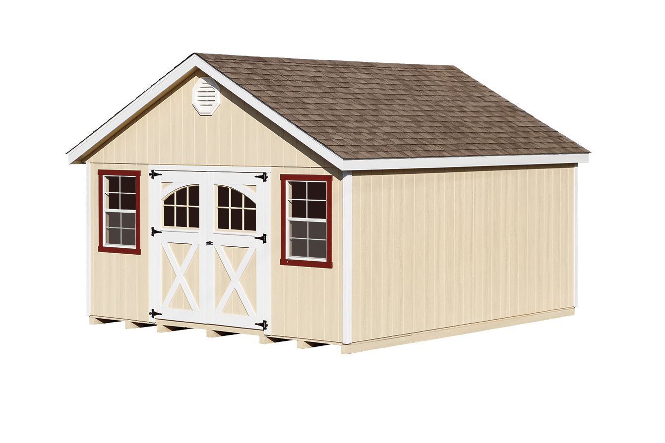 Tan shed with brown roof, white trim, red window frames, and arched white doors.