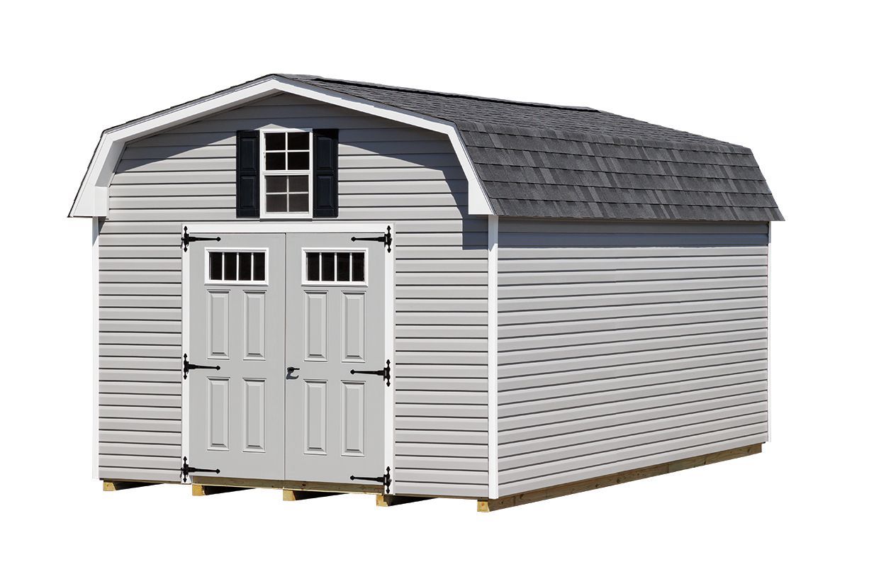 Gray storage shed with barn-style roof, double doors, and small window.