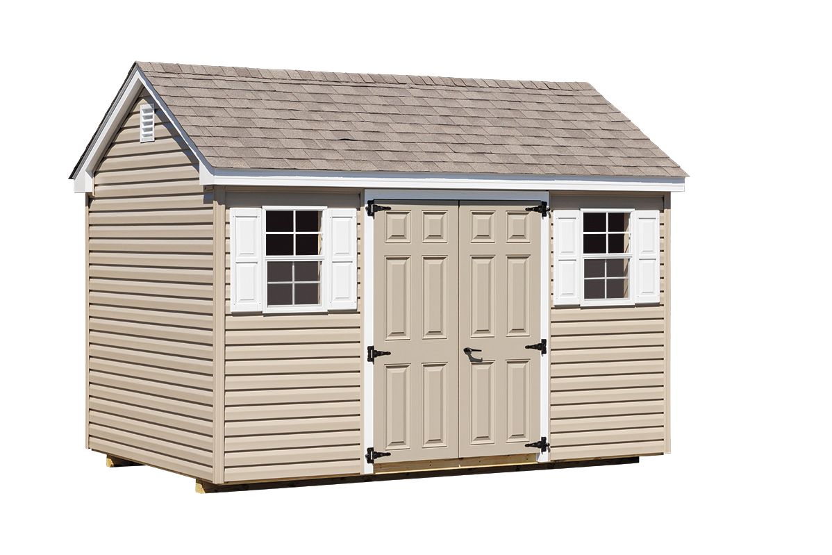 Tan and beige plastic storage shed with double doors and two windows with white shutters.